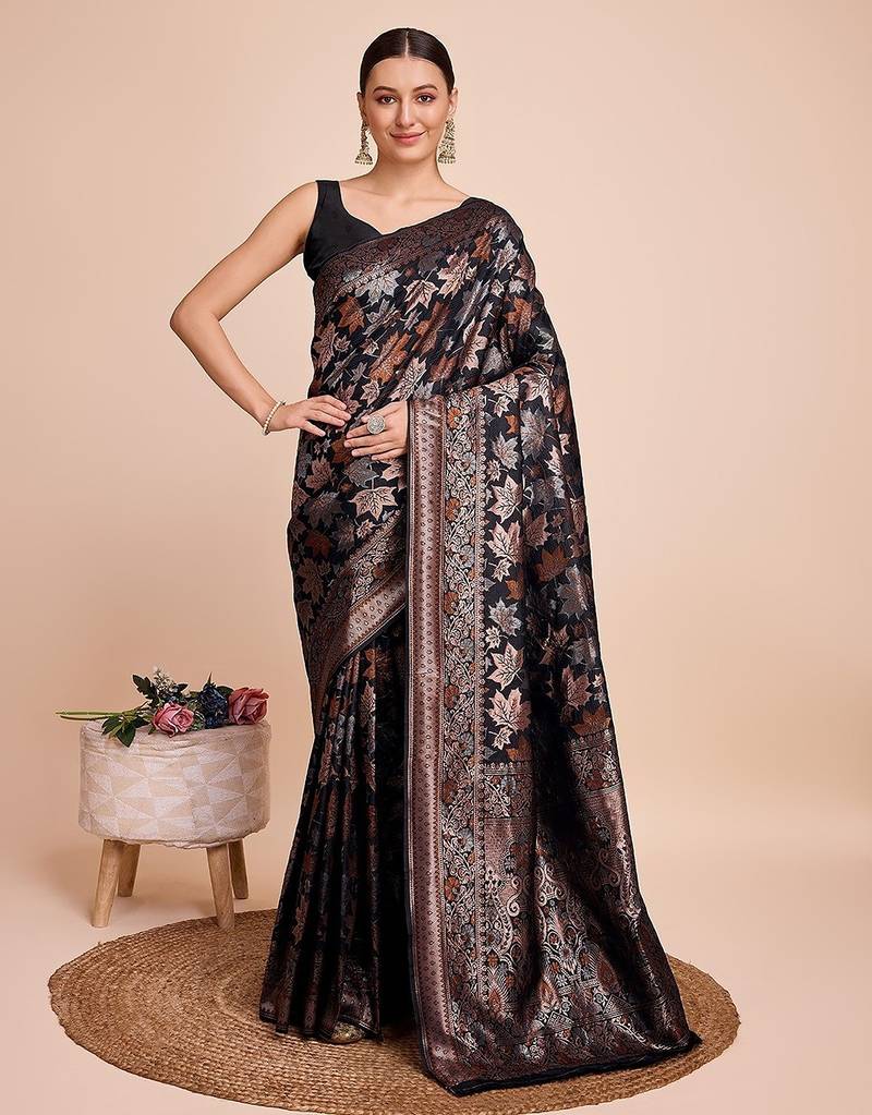 black silk blend printed saree with blouse