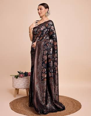 black silk blend printed saree with blouse 2