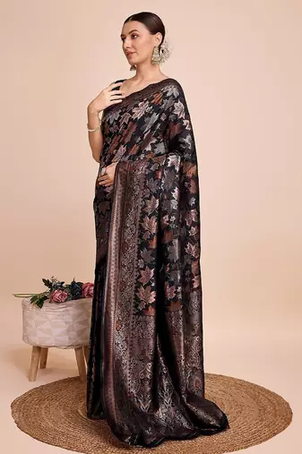 black silk blend printed saree with blouse