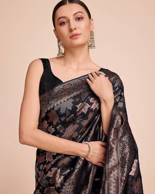 black silk blend printed saree with blouse 3