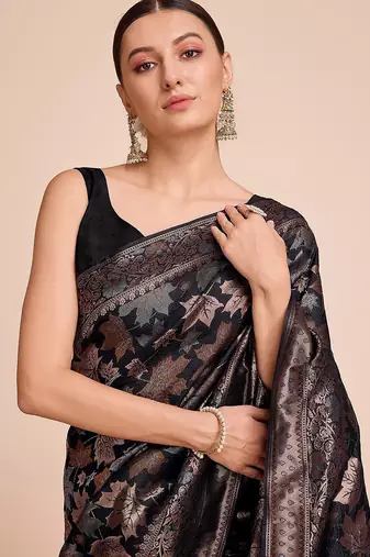 black silk blend printed saree with blouse