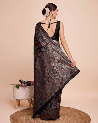 black silk blend printed saree with blouse 4