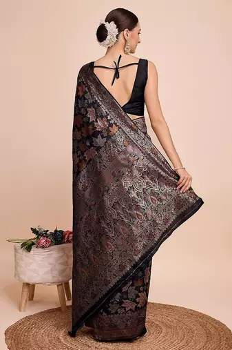 black silk blend printed saree with blouse