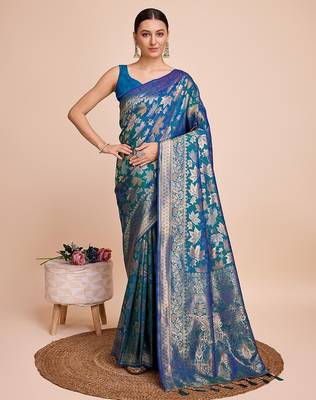 blue silk blend printed saree with blouse 1