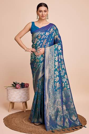 blue silk blend printed saree with blouse