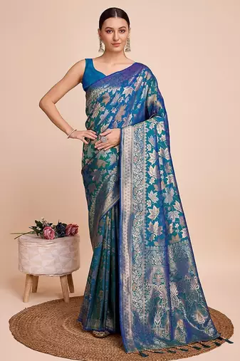 blue silk blend printed saree with blouse