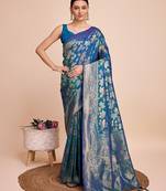blue silk blend printed saree with blouse
