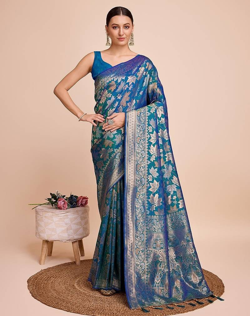 blue silk blend printed saree with blouse