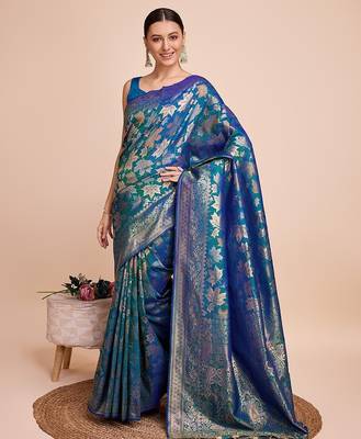 blue silk blend printed saree with blouse 2