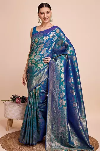 blue silk blend printed saree with blouse