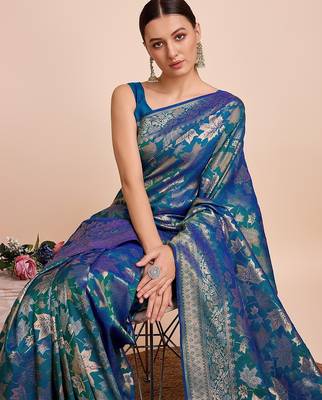 blue silk blend printed saree with blouse 3