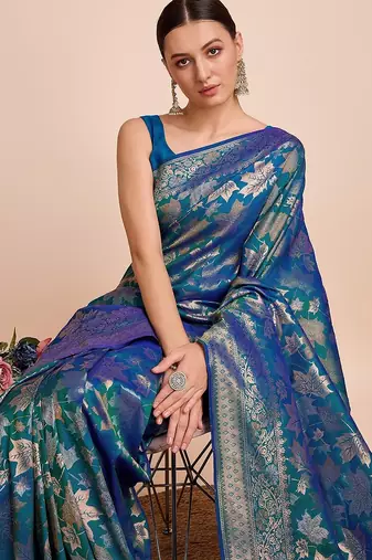 blue silk blend printed saree with blouse