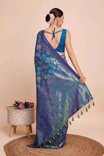 blue silk blend printed saree with blouse