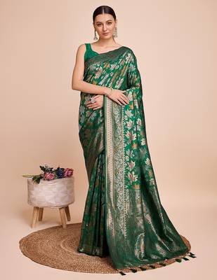 green silk blend printed saree with blouse 1