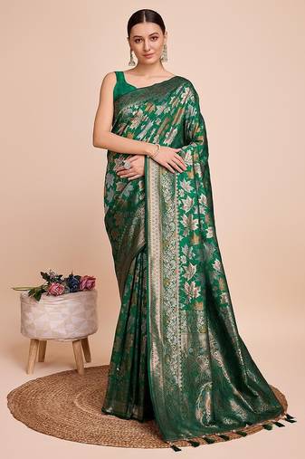 green silk blend printed saree with blouse
