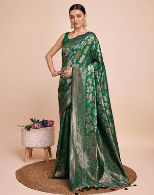 green silk blend printed saree with blouse 2