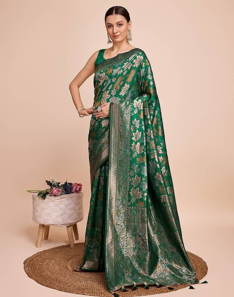green silk blend printed saree with blouse