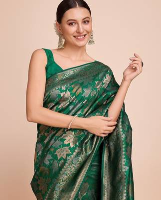 green silk blend printed saree with blouse 3