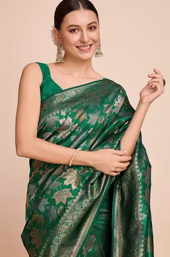 green silk blend printed saree with blouse