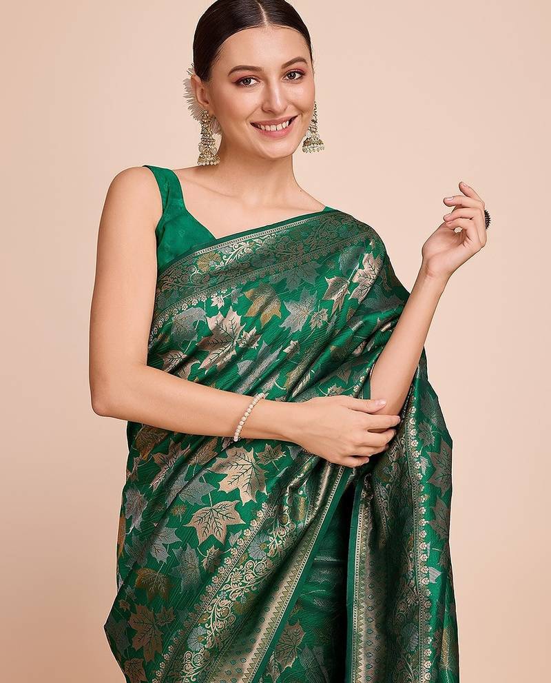 green silk blend printed saree with blouse