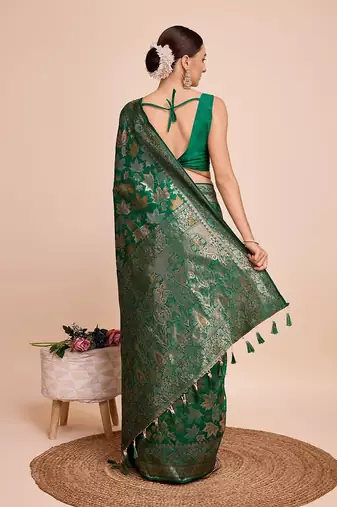 green silk blend printed saree with blouse