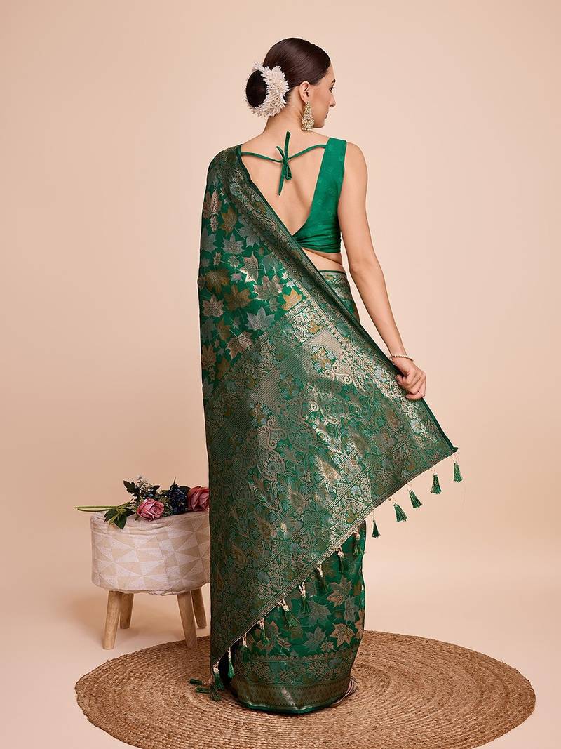 green silk blend printed saree with blouse