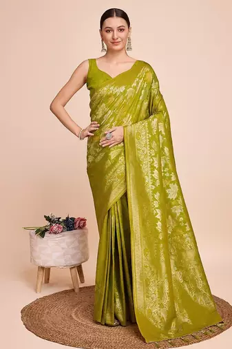 parrot green silk blend printed saree with blouse