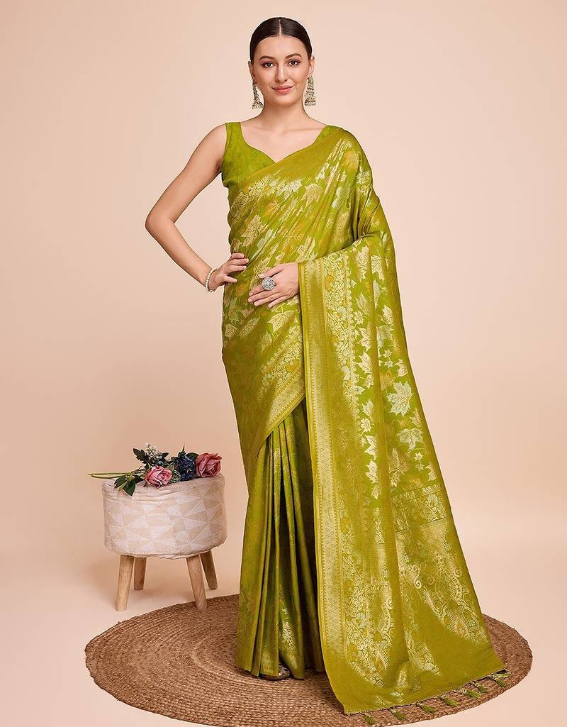 parrot green silk blend printed saree with blouse