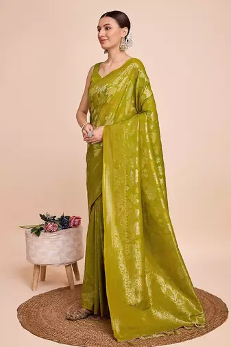 parrot green silk blend printed saree with blouse