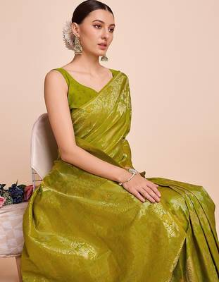 parrot green silk blend printed saree with blouse 3