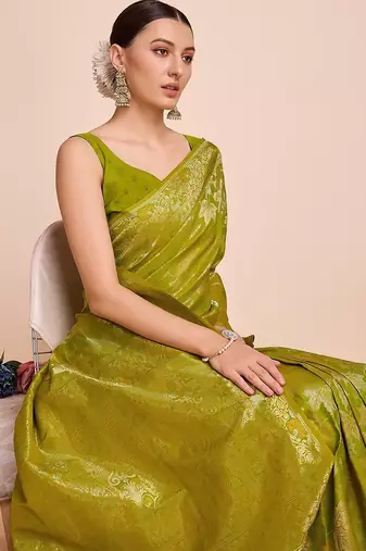 parrot green silk blend printed saree with blouse