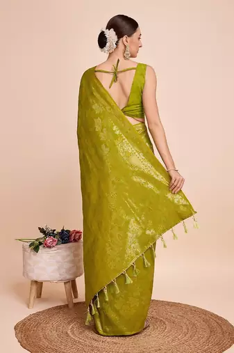 parrot green silk blend printed saree with blouse