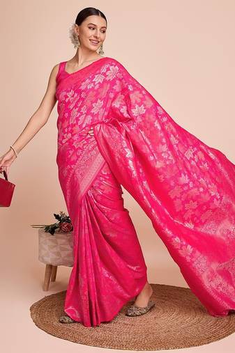 pink silk blend printed saree with blouse