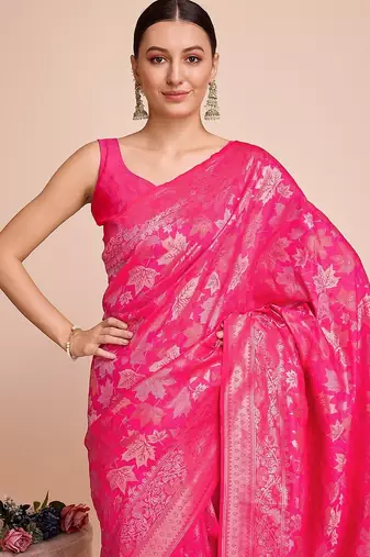 pink silk blend printed saree with blouse