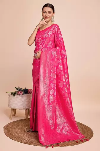 pink silk blend printed saree with blouse