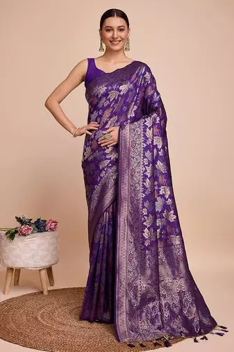 purple silk blend printed saree with blouse