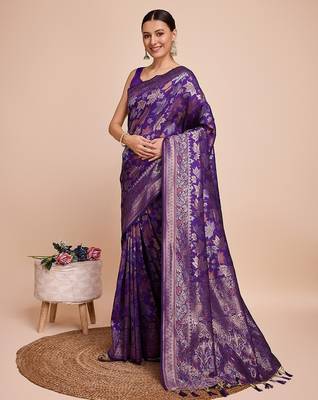 purple silk blend printed saree with blouse 2