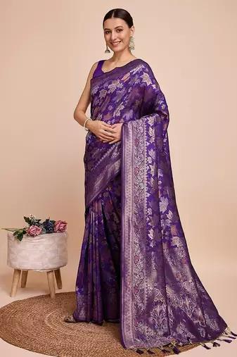 purple silk blend printed saree with blouse
