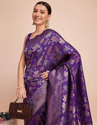 purple silk blend printed saree with blouse 3