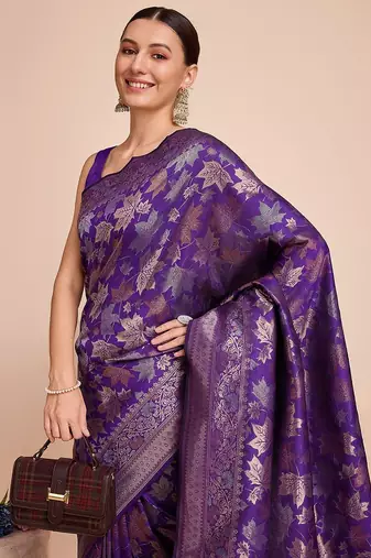 purple silk blend printed saree with blouse