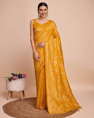 yellow silk blend printed saree with blouse 1