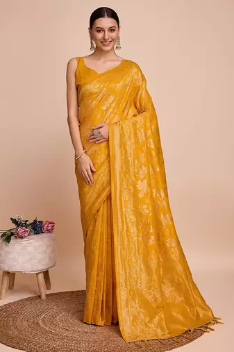 yellow silk blend printed saree with blouse