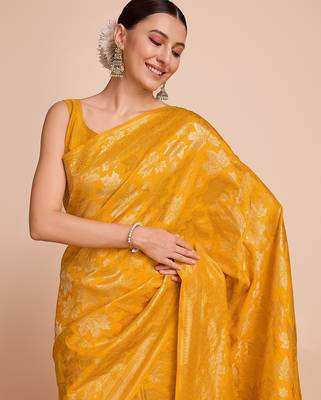 yellow silk blend printed saree with blouse 3
