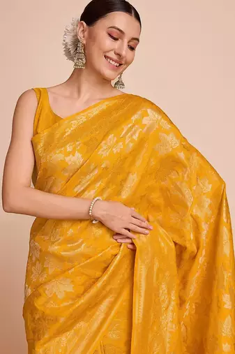yellow silk blend printed saree with blouse