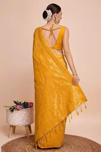 yellow silk blend printed saree with blouse