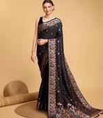 black silk blend printed saree with blouse