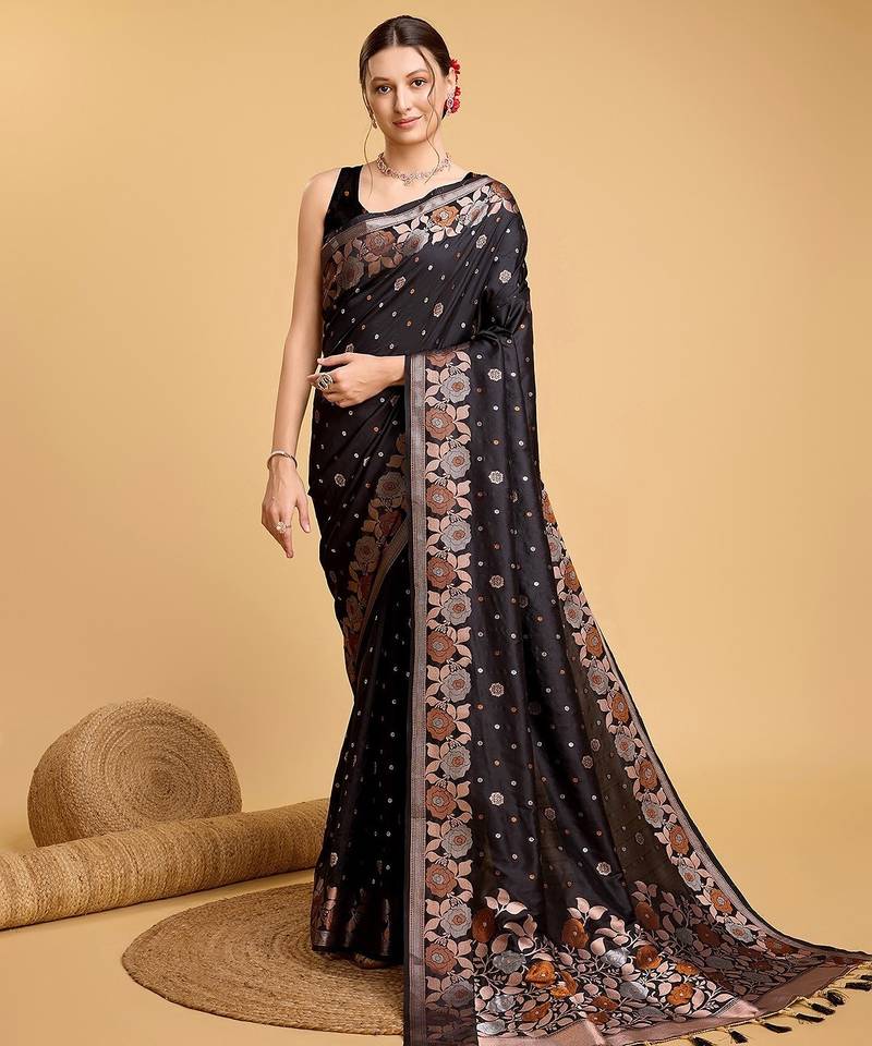 black silk blend printed saree with blouse