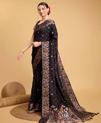 black silk blend printed saree with blouse 2