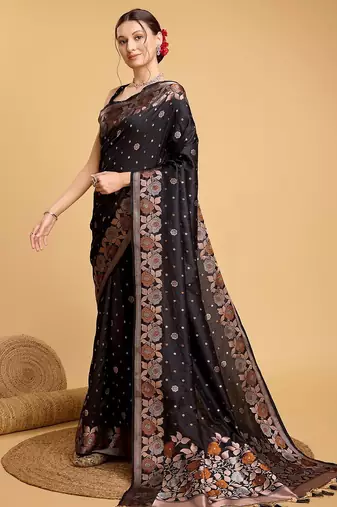 black silk blend printed saree with blouse