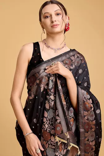 black silk blend printed saree with blouse